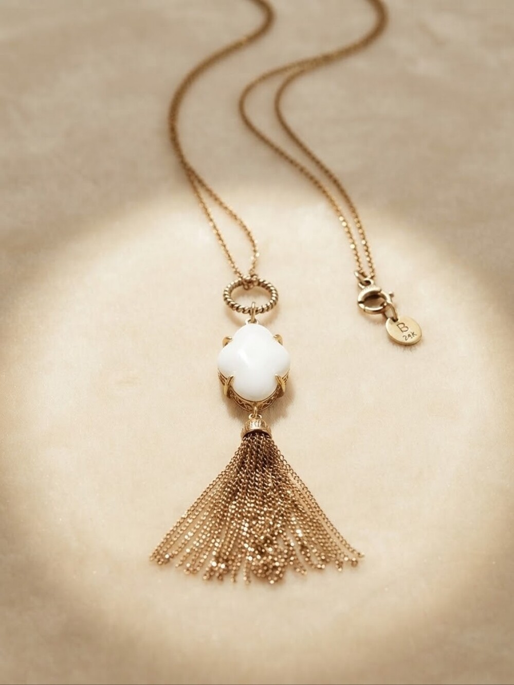 Vintage Rose Gold Tassel Necklace | White Stone Pendant & Chain Tassel CC